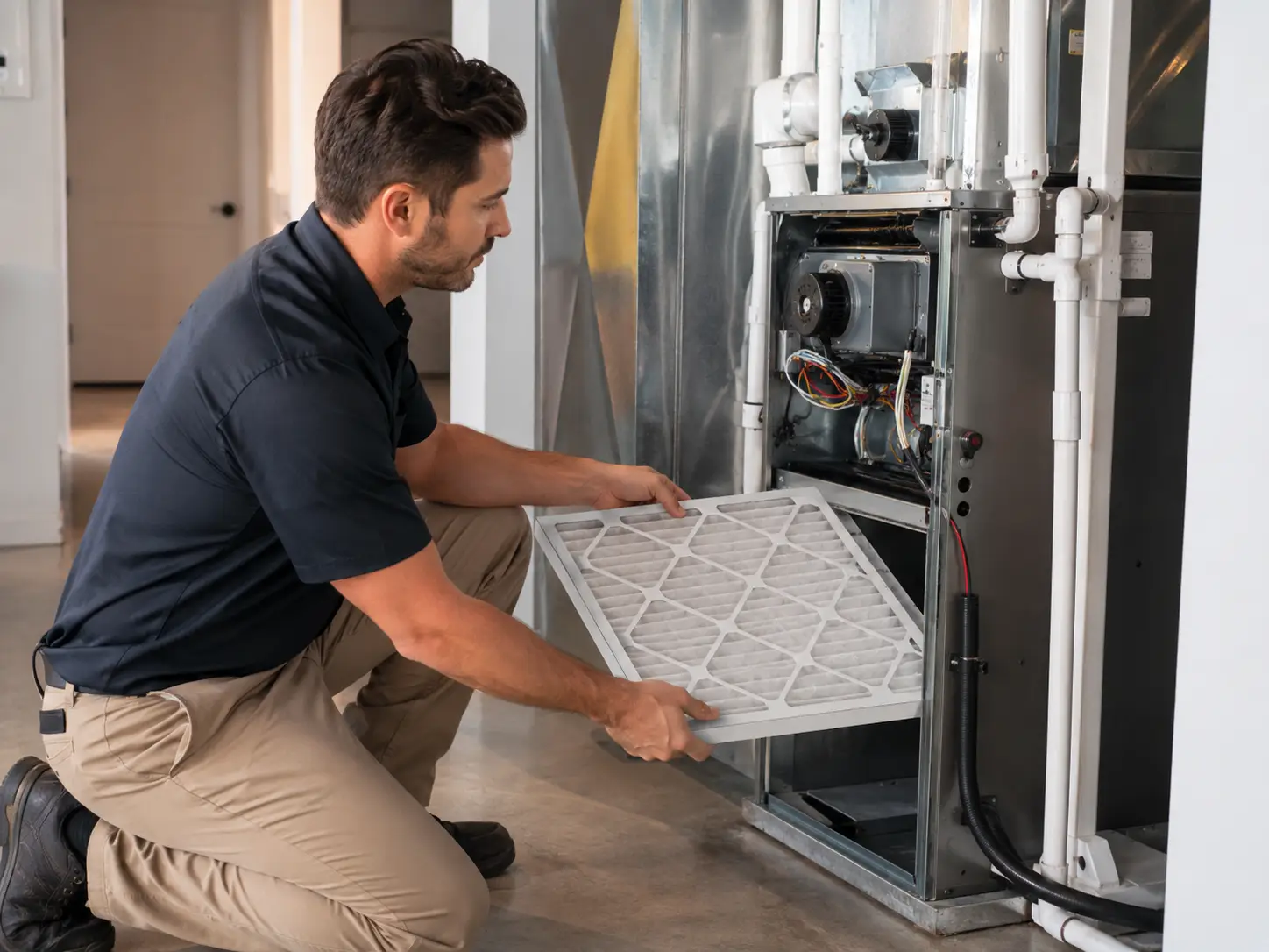 HVAC technician checking system components