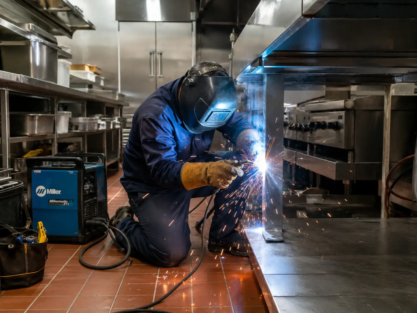Technician welding stainless steel restaurant equipment