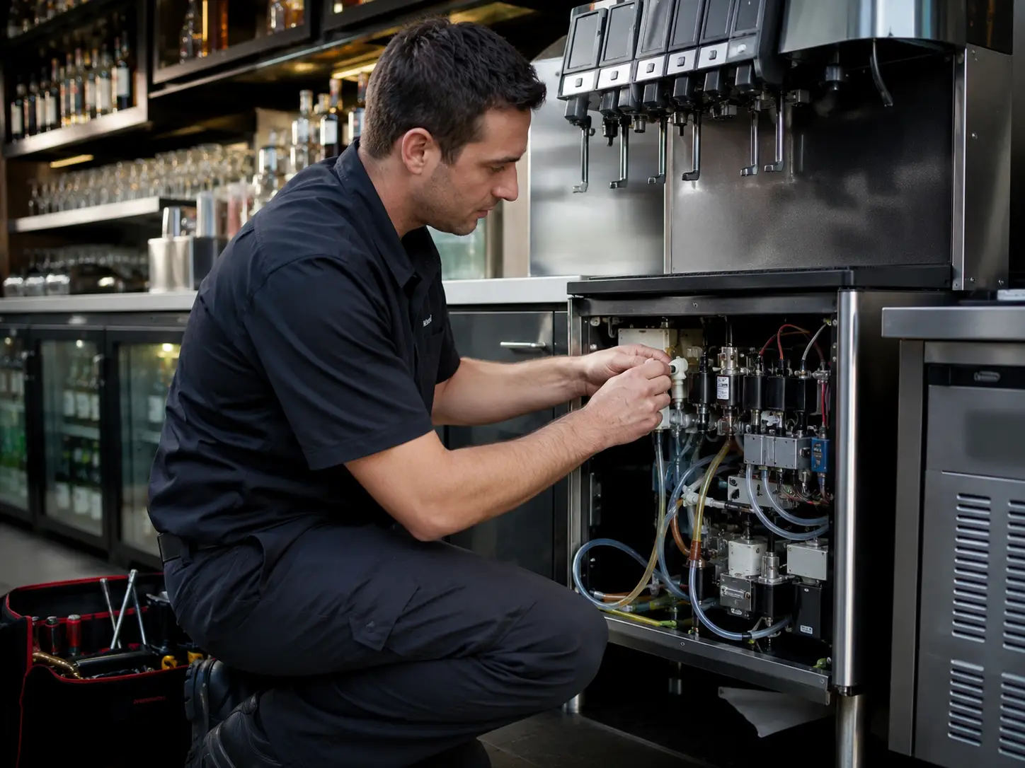 Technician servicing commercial beverage equipment