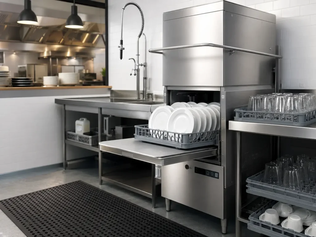 Commercial dish machine service for restaurant kitchen