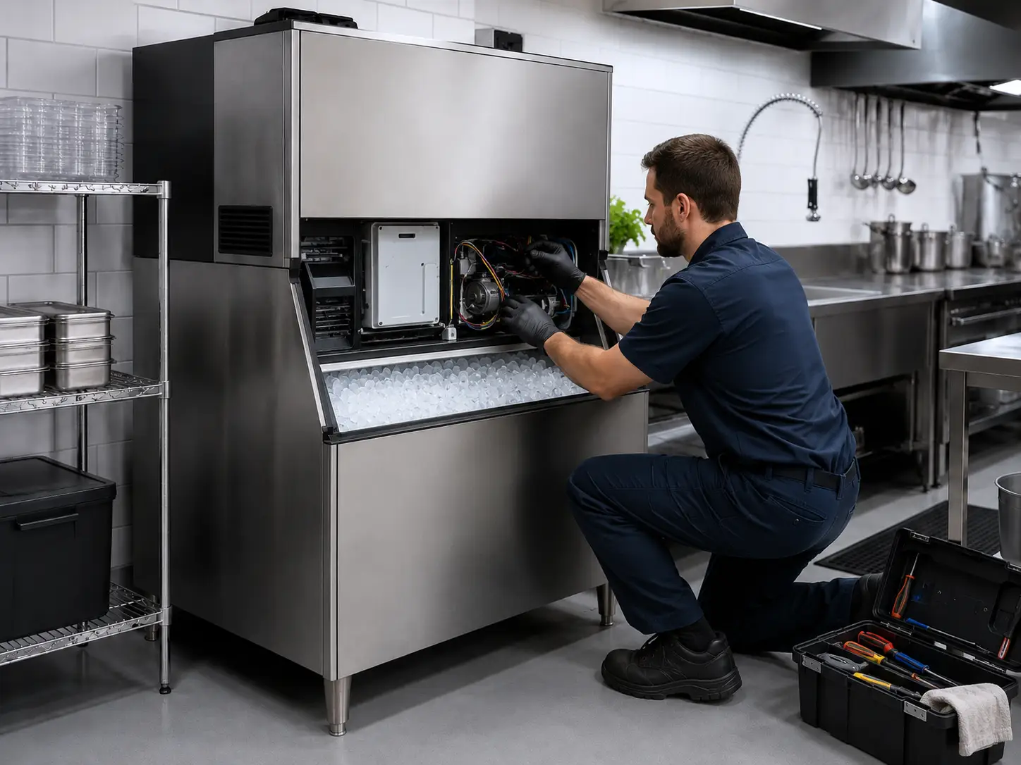 Technician servicing commercial ice machine equipment