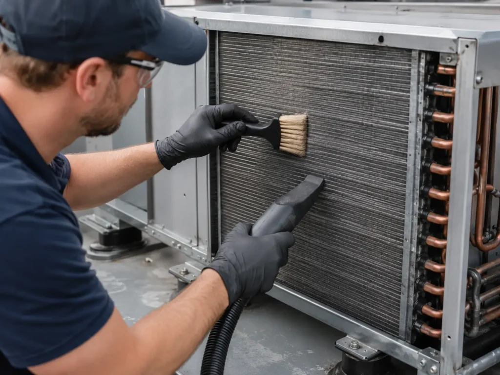 Technician cleaning commercial equipment coils