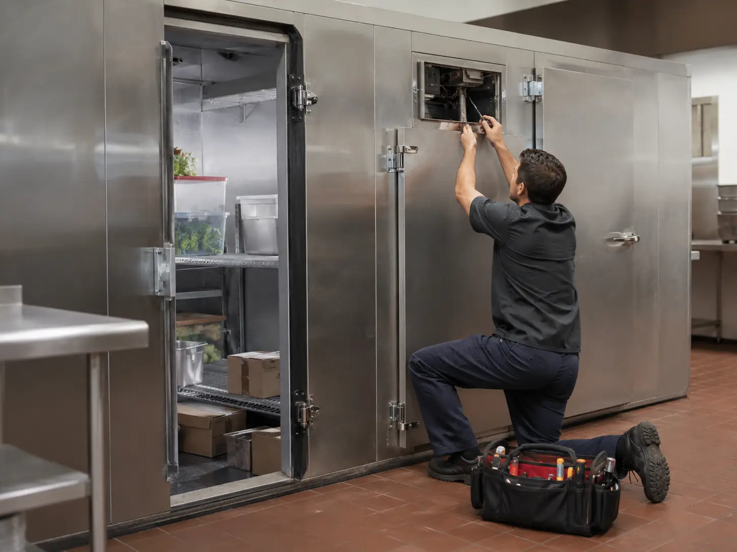 Technician servicing commercial walk-in cooler equipment