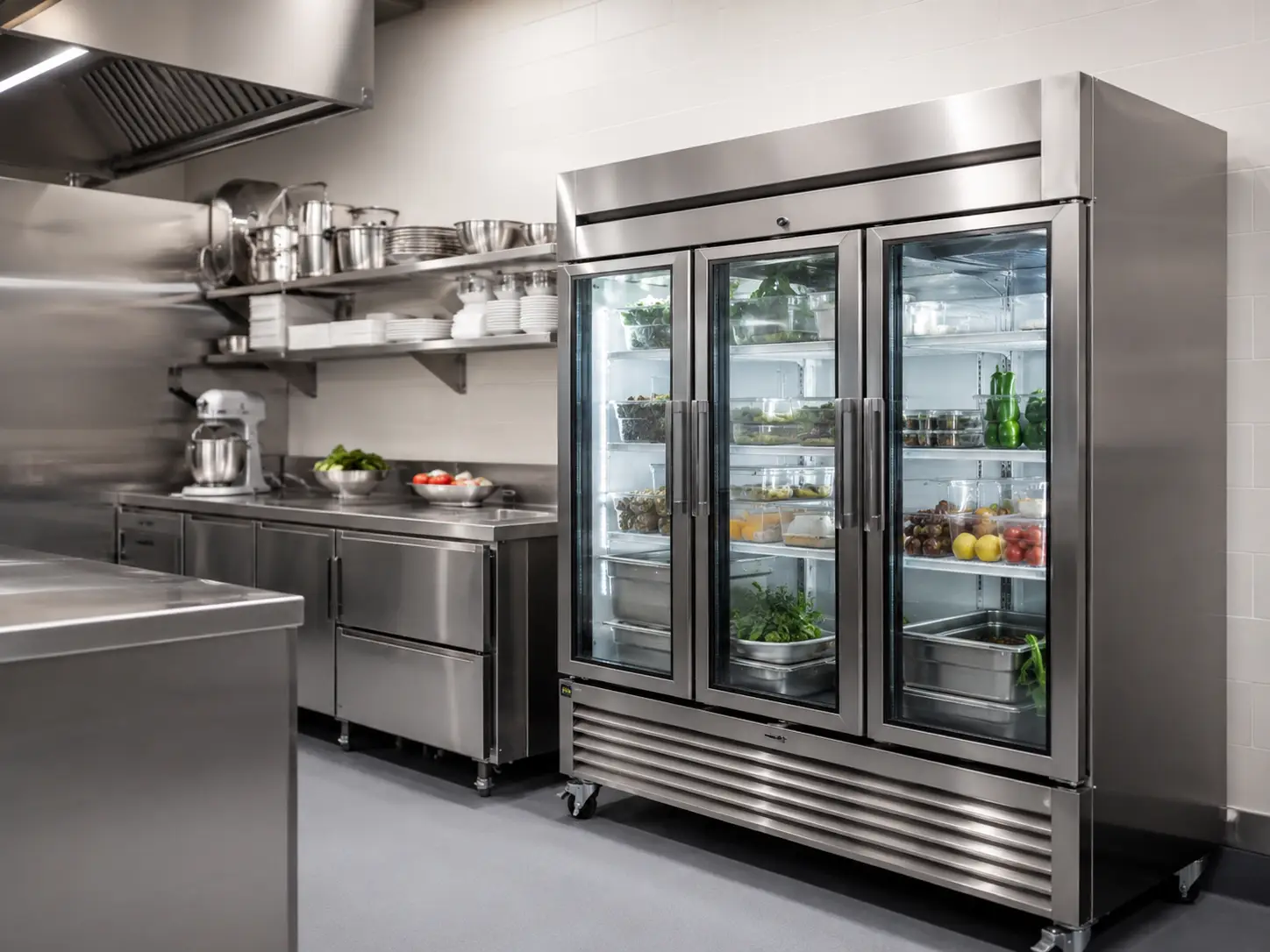 Stainless steel commercial refrigeration equipment in restaurant kitchen